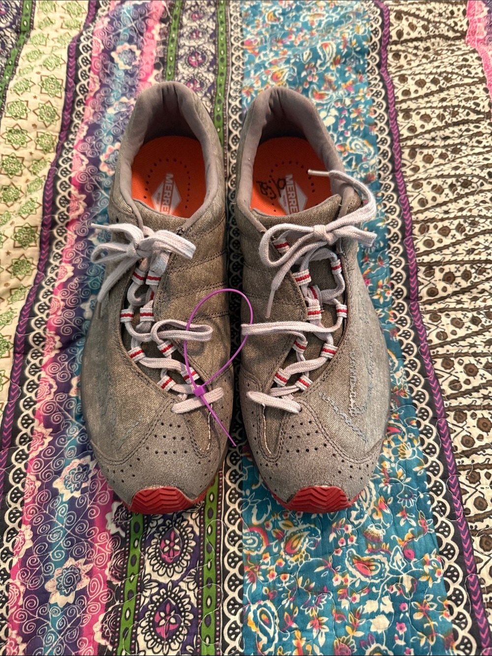 Merrell Women's Gray Suede Sneakers with Orange Insoles and Red Toe Caps